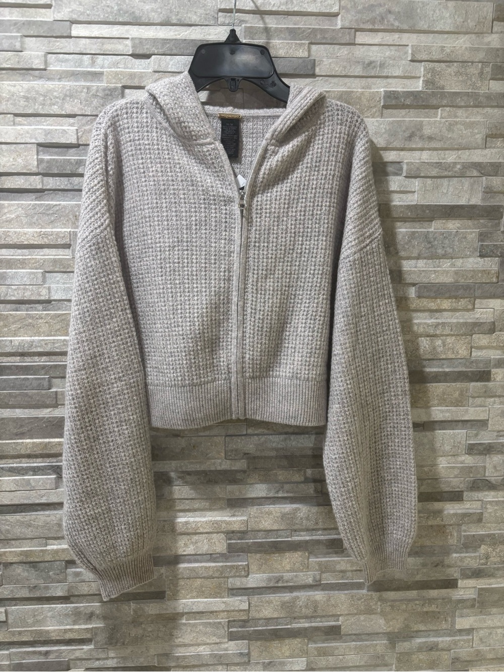 100% Cashmere magaschoni Waffle Knit Ultra Soft Zip Up Hooded Cardigan Grey Med